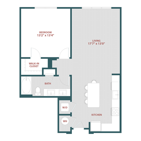 Floor plan for 1 bed, 1 bath, 826 sqft